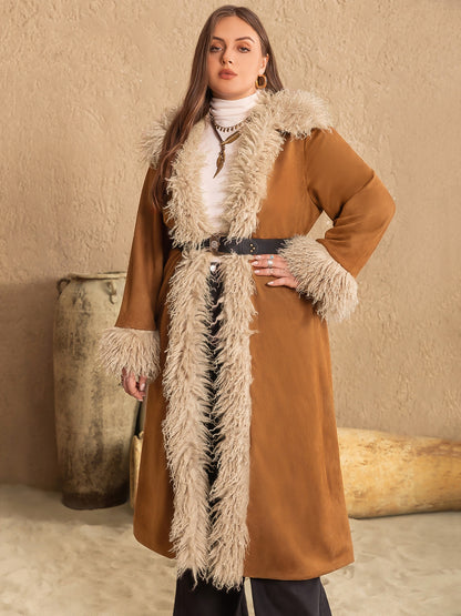 Plus Size Furry Trim Open Front Long Sleeve Coat Trendsi