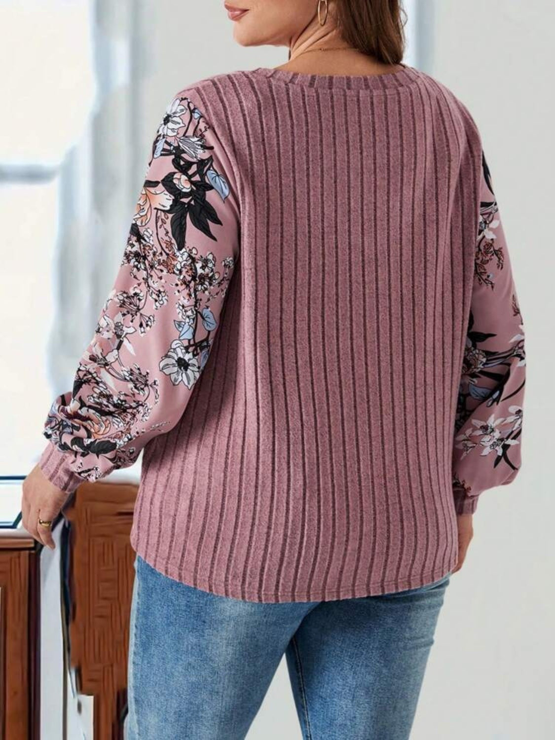 Plus Size Printed V-Neck Long Sleeve T-Shirt Trendsi