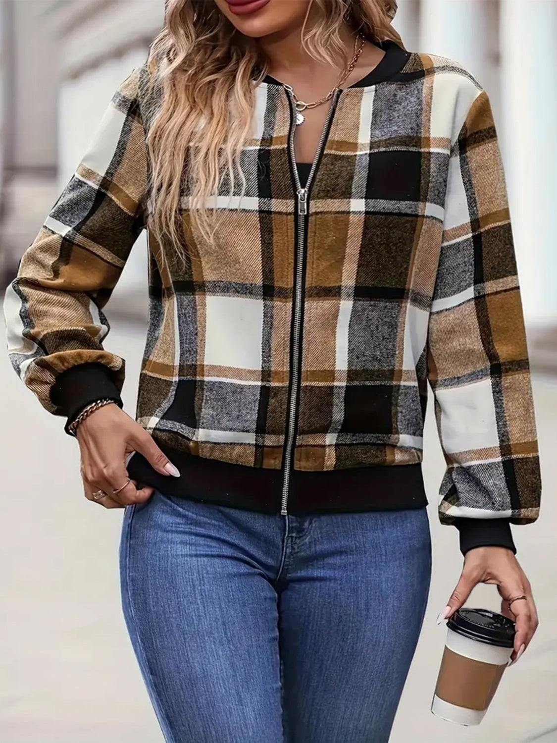 Plus Size Plaid Baseball Collar Zip Up Jacket Trendsi