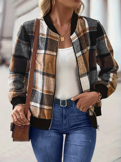 Plus Size Plaid Baseball Collar Zip Up Jacket Trendsi