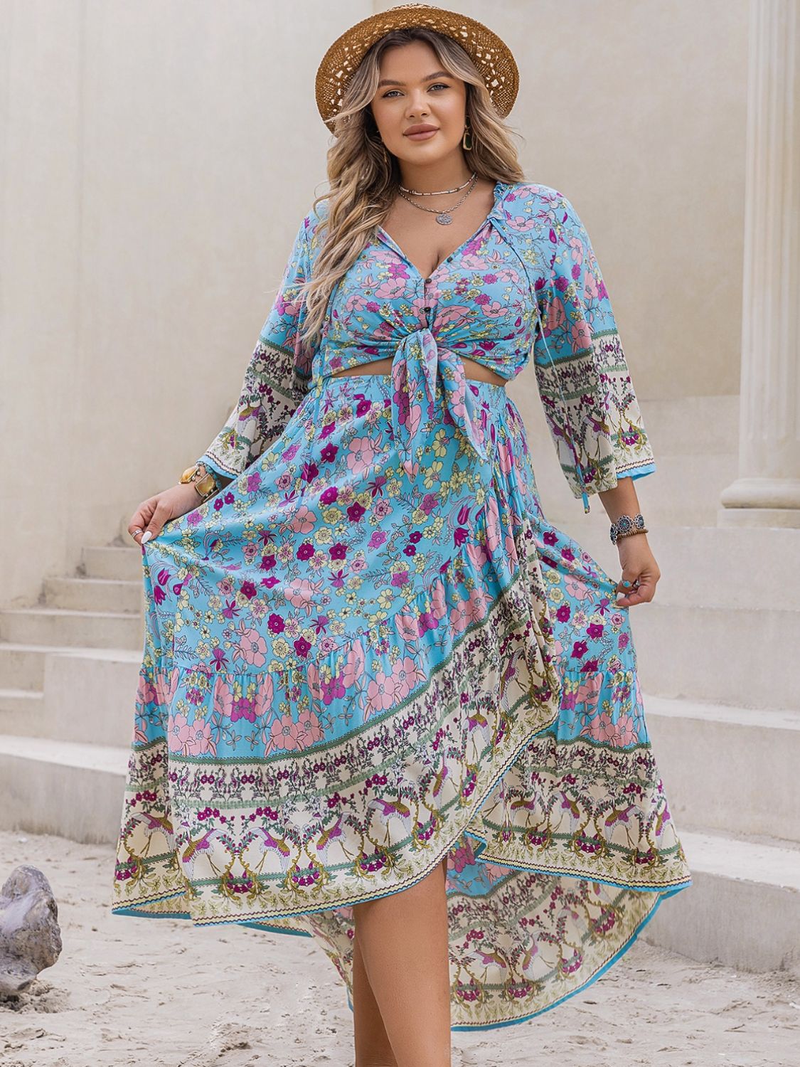 Plus Size Printed Tie Neck Top and Skirt Set Trendsi