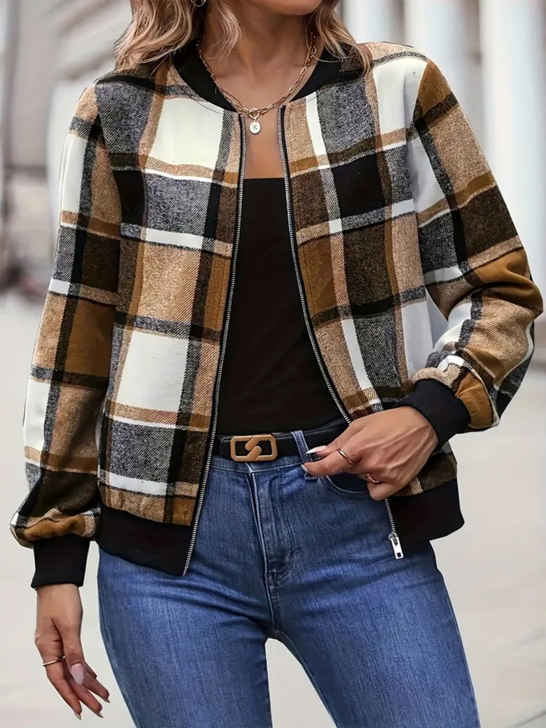 Plus Size Plaid Baseball Collar Zip Up Jacket Trendsi