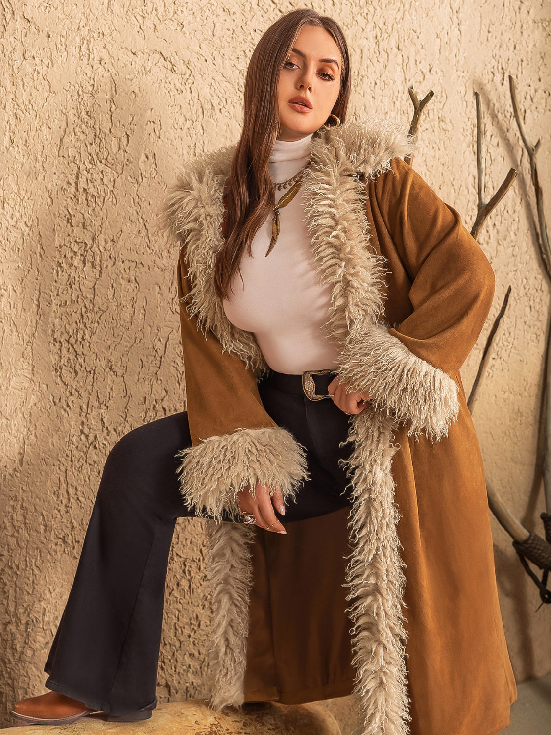 Plus Size Furry Trim Open Front Long Sleeve Coat Trendsi