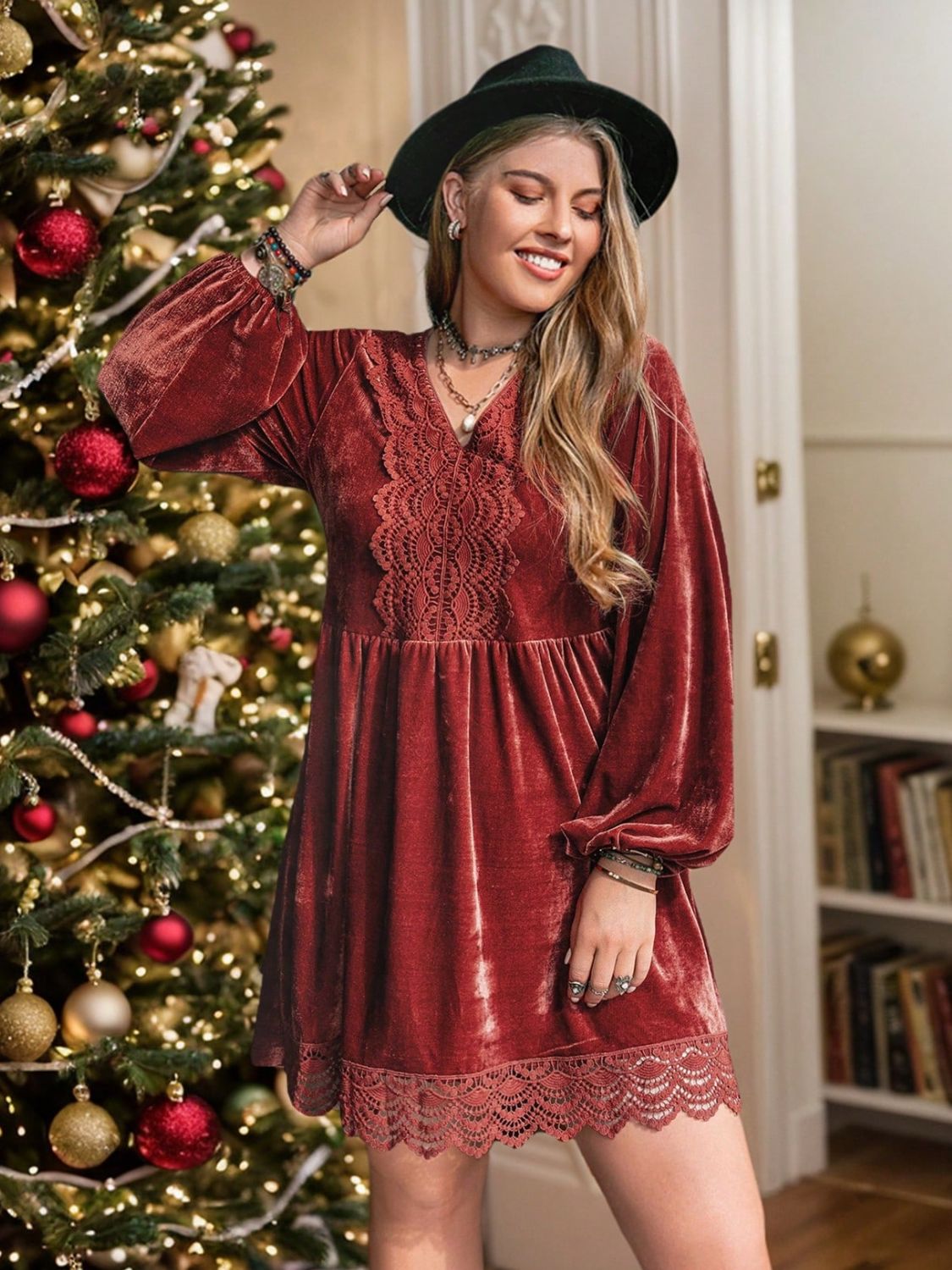 Plus Size Lace Detail V-Neck Long Sleeve Mini Dress Trendsi