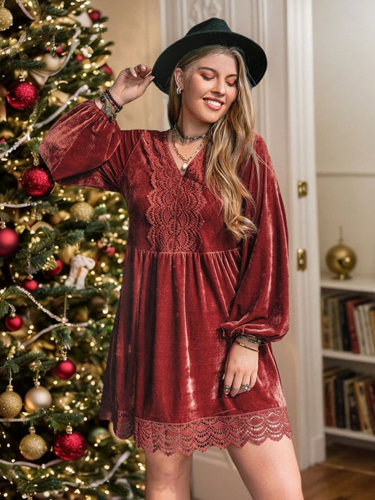 Plus Size Lace Detail V-Neck Long Sleeve Mini Dress Trendsi