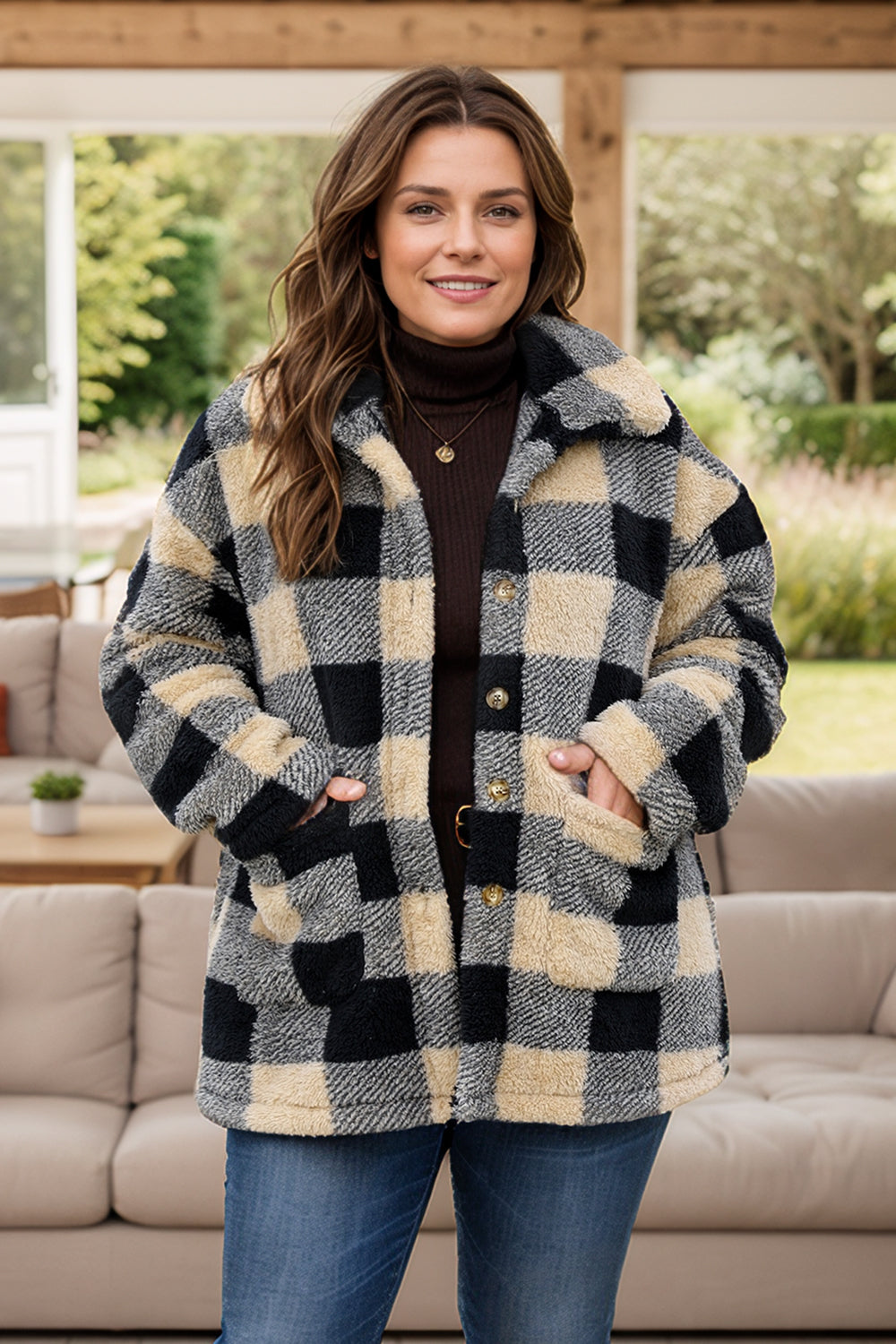 Plus Size Plaid Button Up Long Sleeve Coat Trendsi