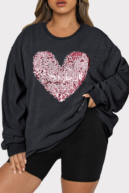 Plus Size Heart Sequin Round Neck Sweatshirt Trendsi