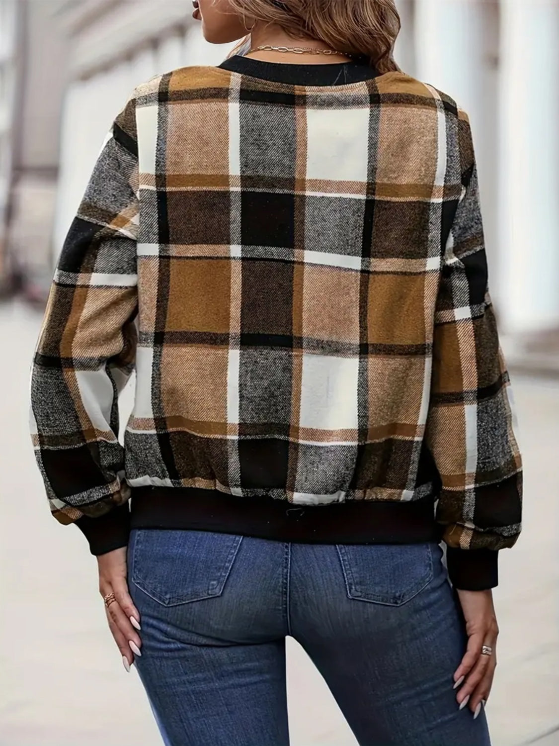 Plus Size Plaid Baseball Collar Zip Up Jacket Trendsi