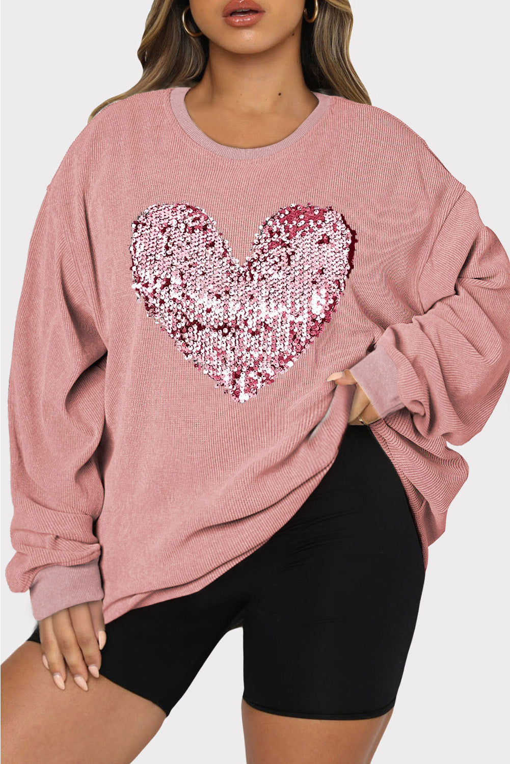 Plus Size Heart Sequin Round Neck Sweatshirt Trendsi