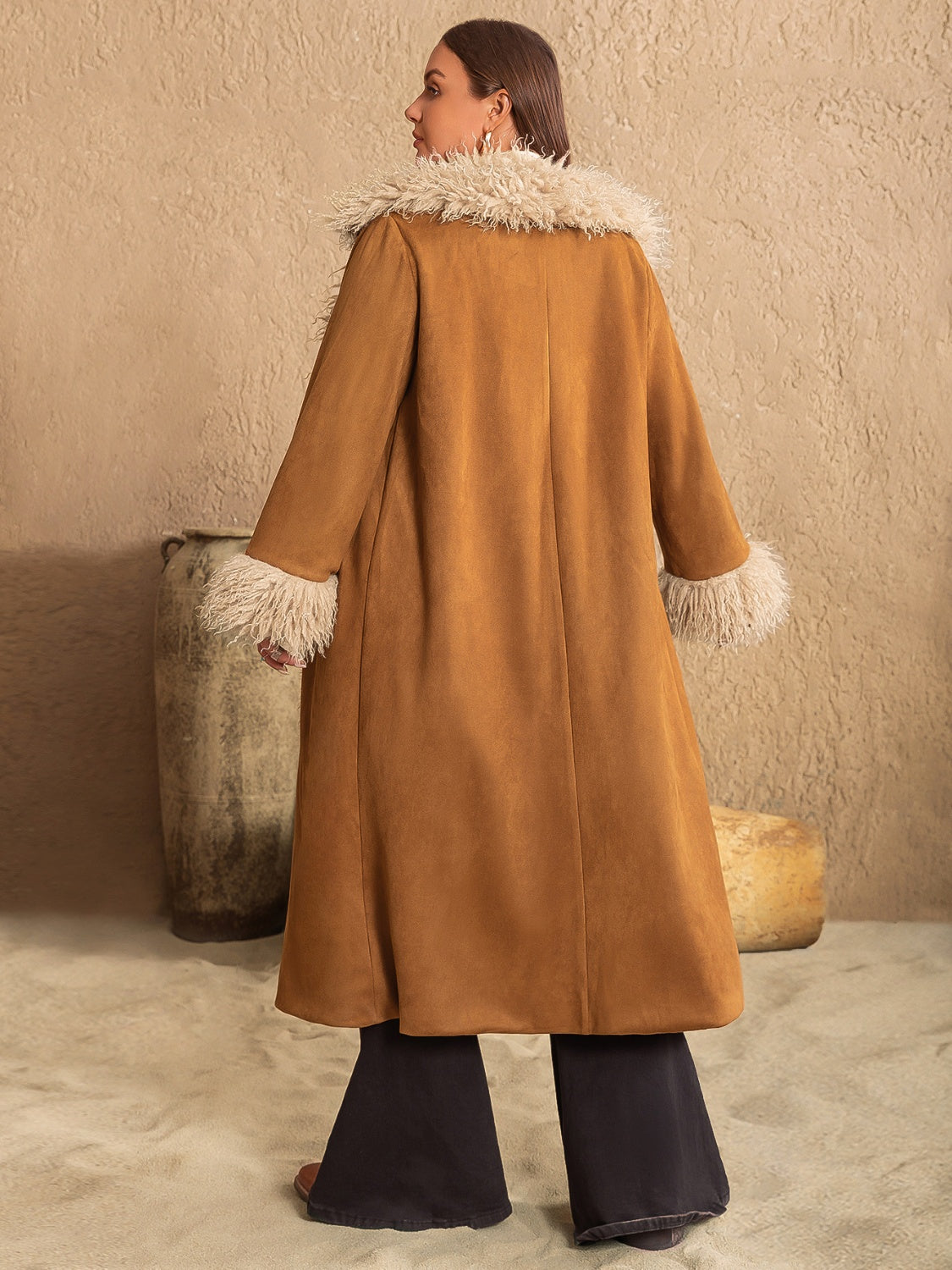 Plus Size Furry Trim Open Front Long Sleeve Coat Trendsi