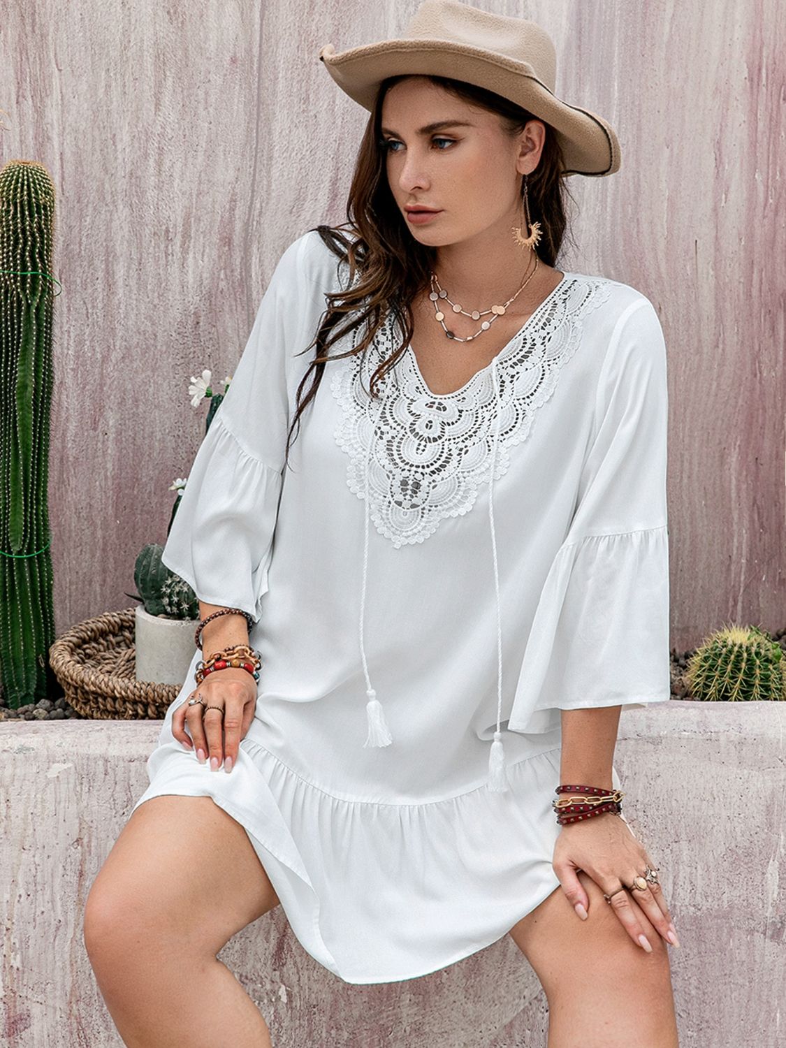 Plus Size Lace Detail Tie Neck Three-Quarter Sleeve Mini Dress Trendsi