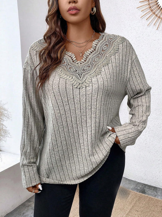 Plus Size Lace Detail Long Sleeve T-Shirt Trendsi