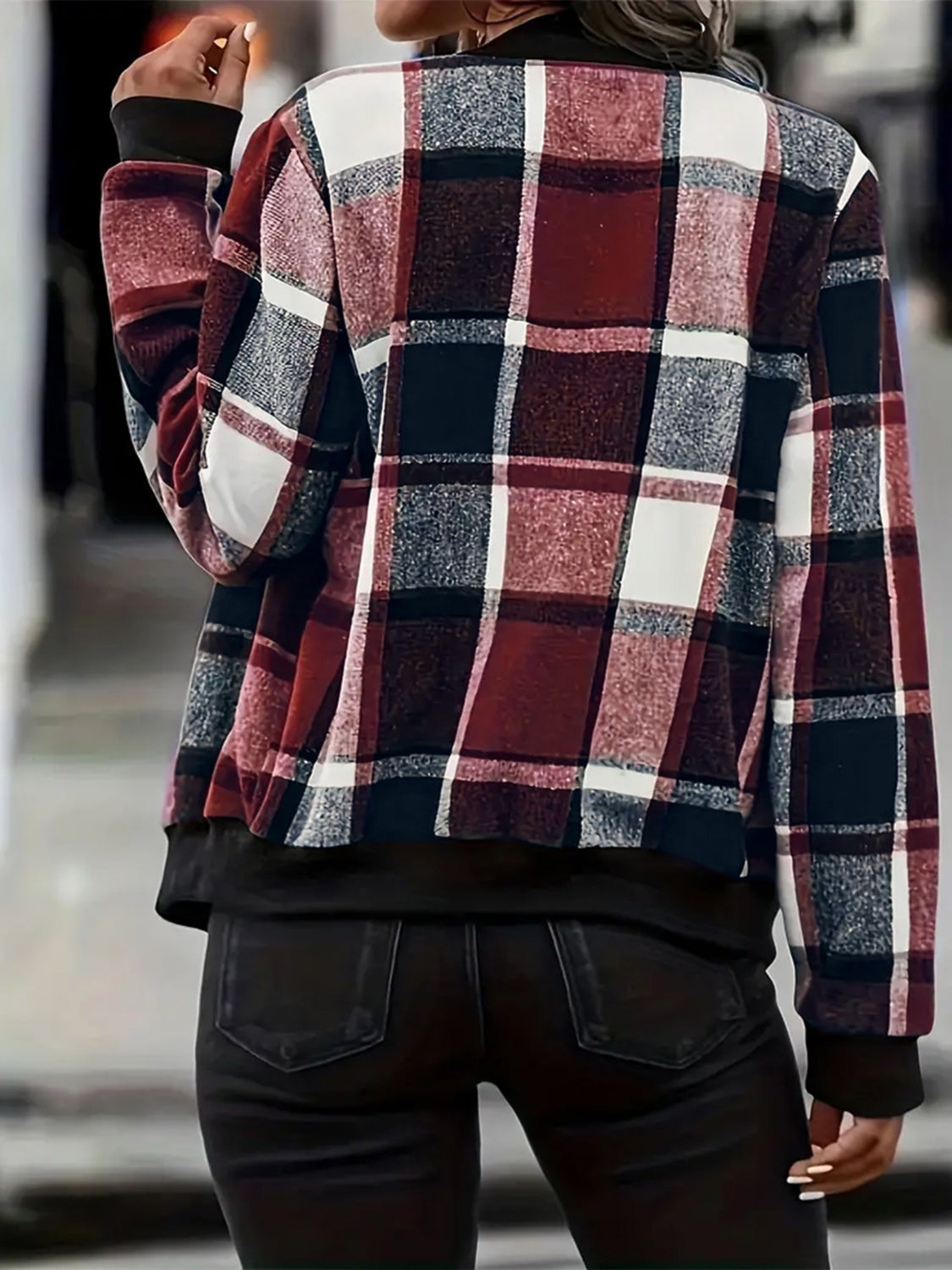 Plus Size Plaid Baseball Collar Zip Up Jacket Trendsi