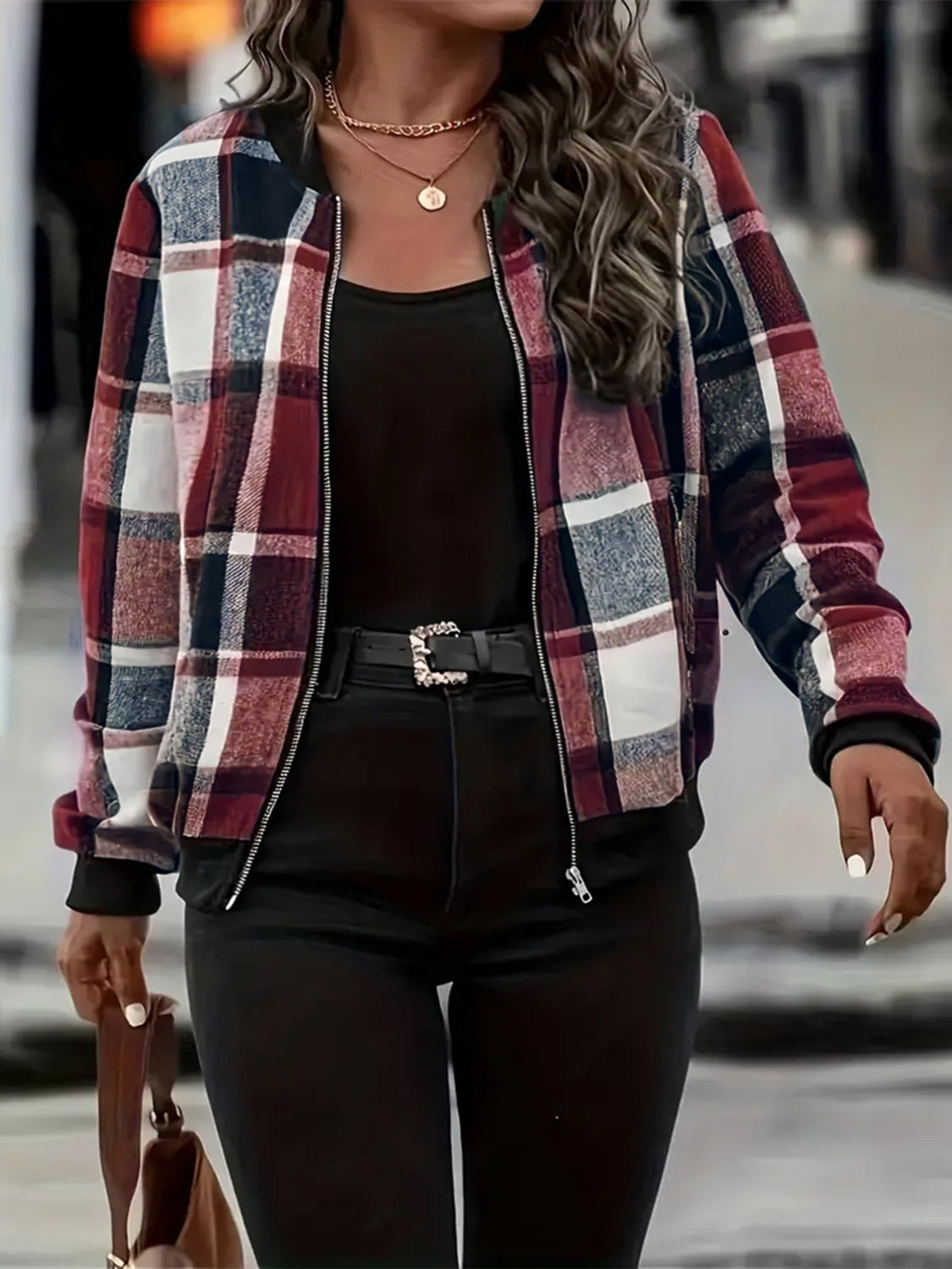 Plus Size Plaid Baseball Collar Zip Up Jacket Trendsi