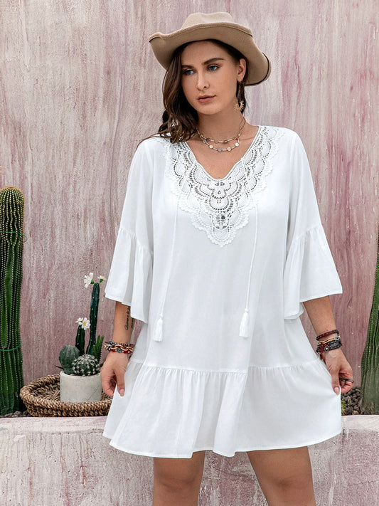 Plus Size Lace Detail Tie Neck Three-Quarter Sleeve Mini Dress Trendsi