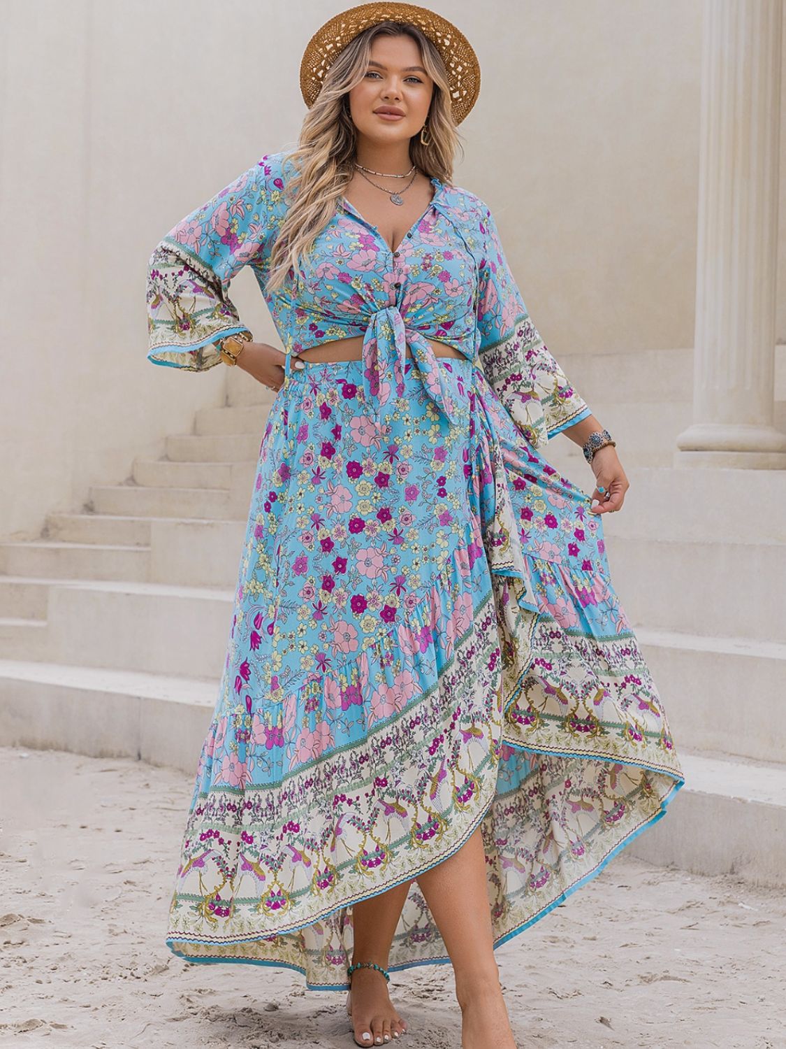 Plus Size Printed Tie Neck Top and Skirt Set Trendsi