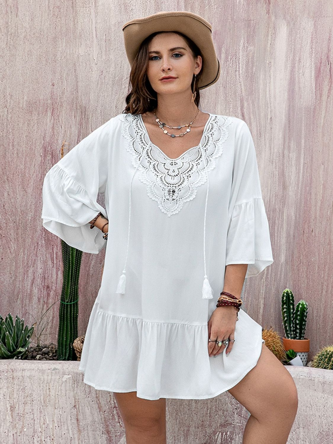 Plus Size Lace Detail Tie Neck Three-Quarter Sleeve Mini Dress Trendsi