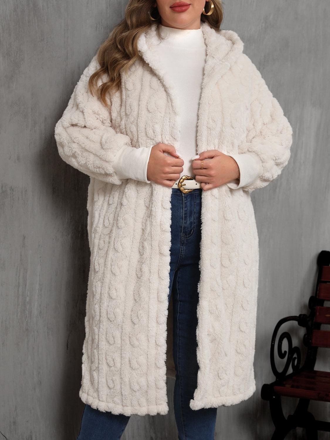 Plus Size Open Front Hooded Plush Coat Trendsi