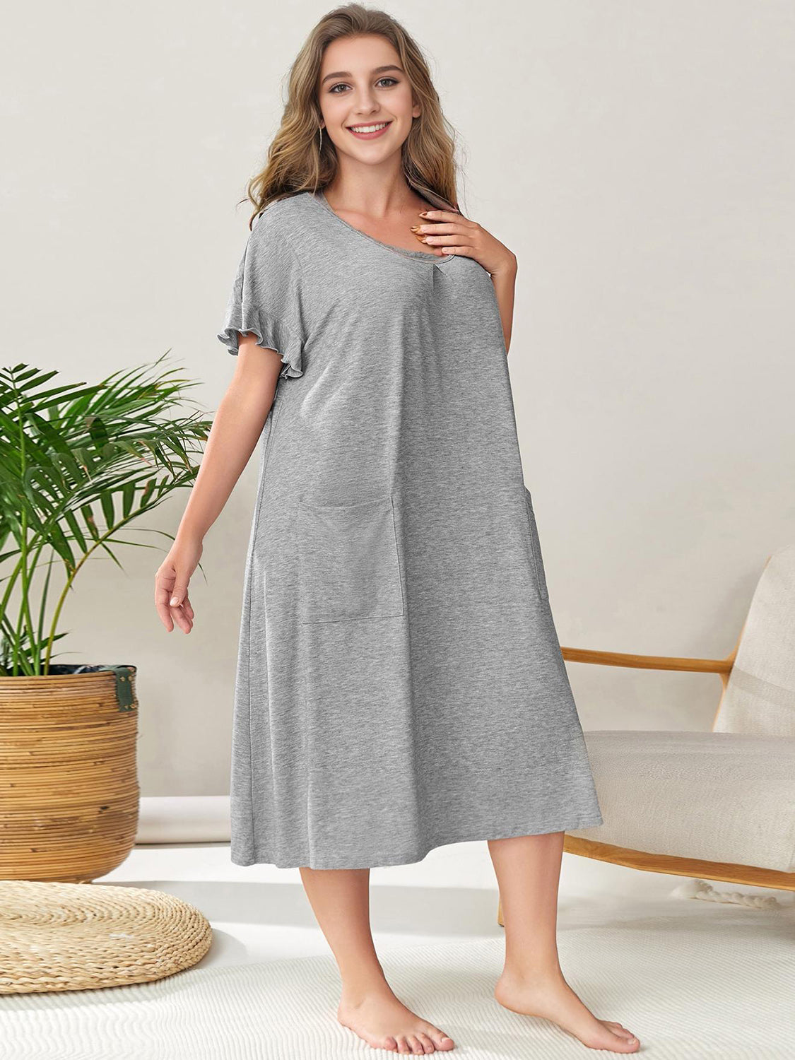 Plus Size Round Neck Short Sleeve Lounge Dress Trendsi