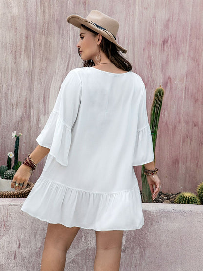 Plus Size Lace Detail Tie Neck Three-Quarter Sleeve Mini Dress Trendsi