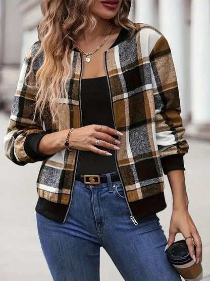 Plus Size Plaid Baseball Collar Zip Up Jacket Trendsi