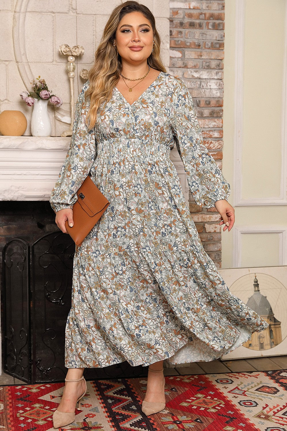 Plus Size Printed Balloon Sleeve Ruffle Hem Dress Trendsi