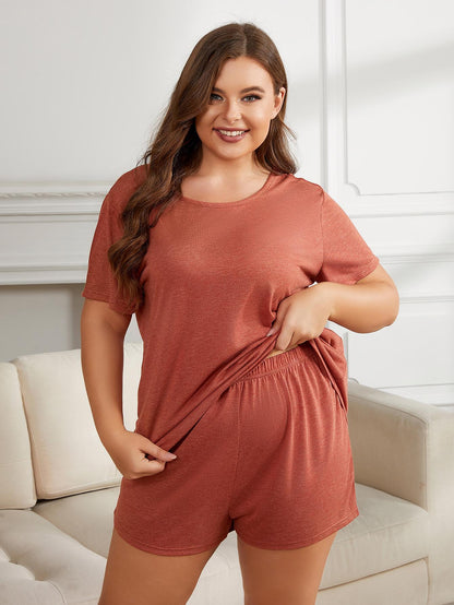 Plus Size Round Neck Short Sleeve Two-Piece Loungewear Set Trendsi