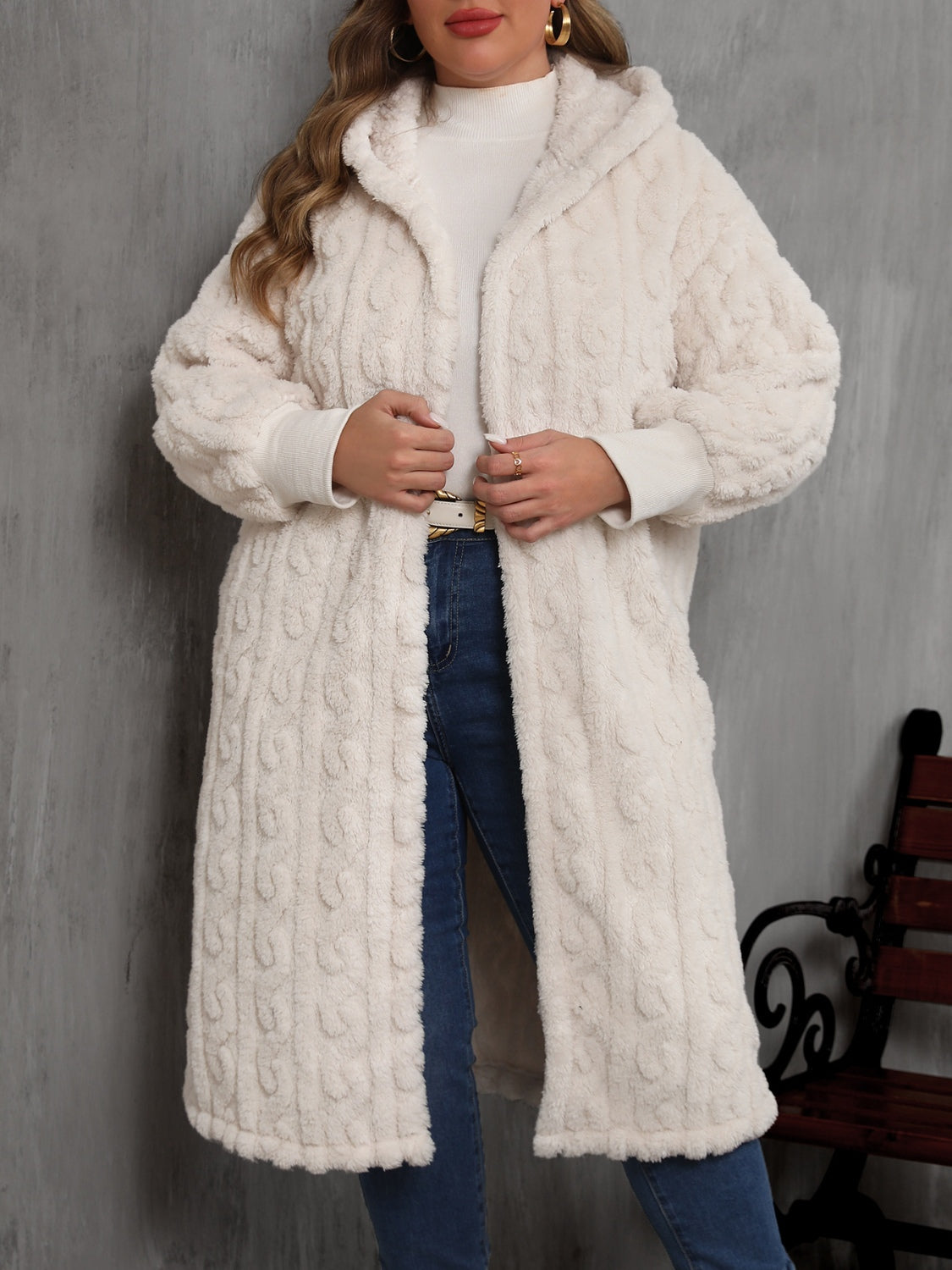 Plus Size Open Front Hooded Plush Coat Trendsi