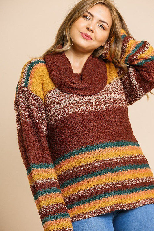 Multicolor Striped Fuzzy Knit Long Sleeve Pullover Pretty Plus and More