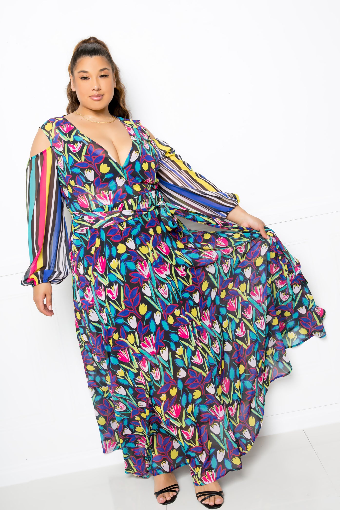 Multi Print Chiffon Maxi Dress Pretty Plus and More