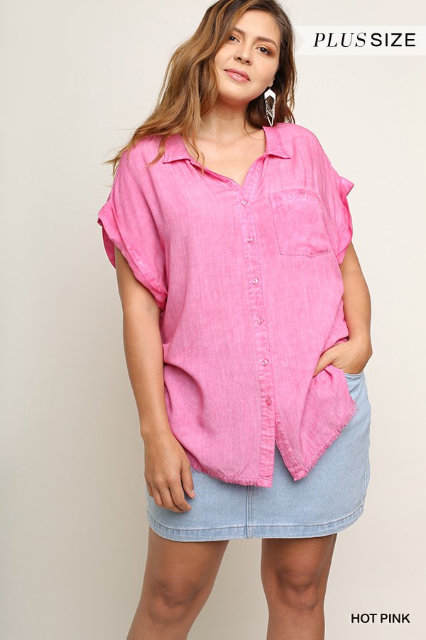 Washed Button Up Short Sleeve Top With Frayed Hemline Pretty Plus and More