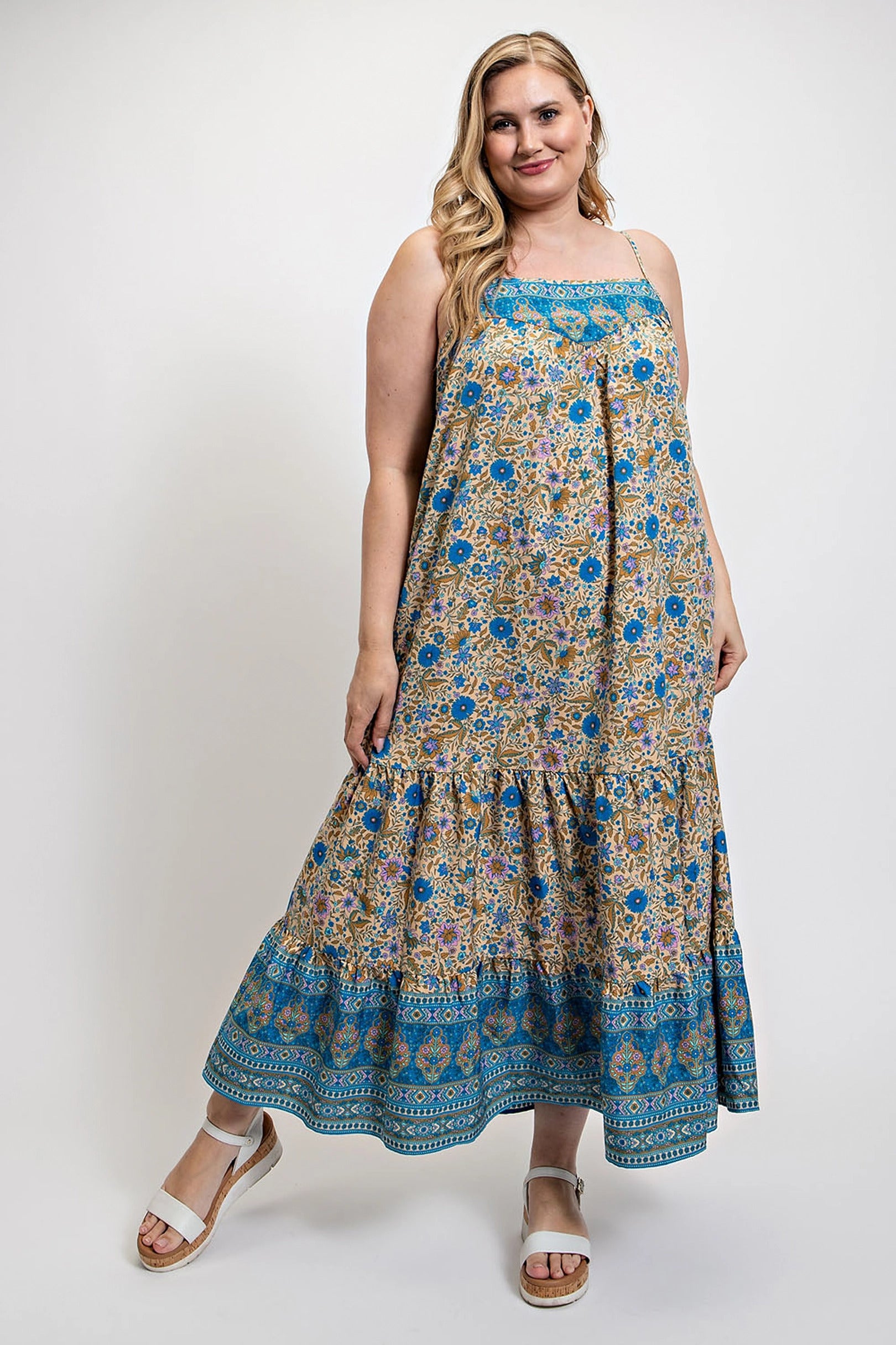 Floral And Aztec Print Drop Down Maxi Dress With Spaghetti Strap CCWHOLESALECLOTHING