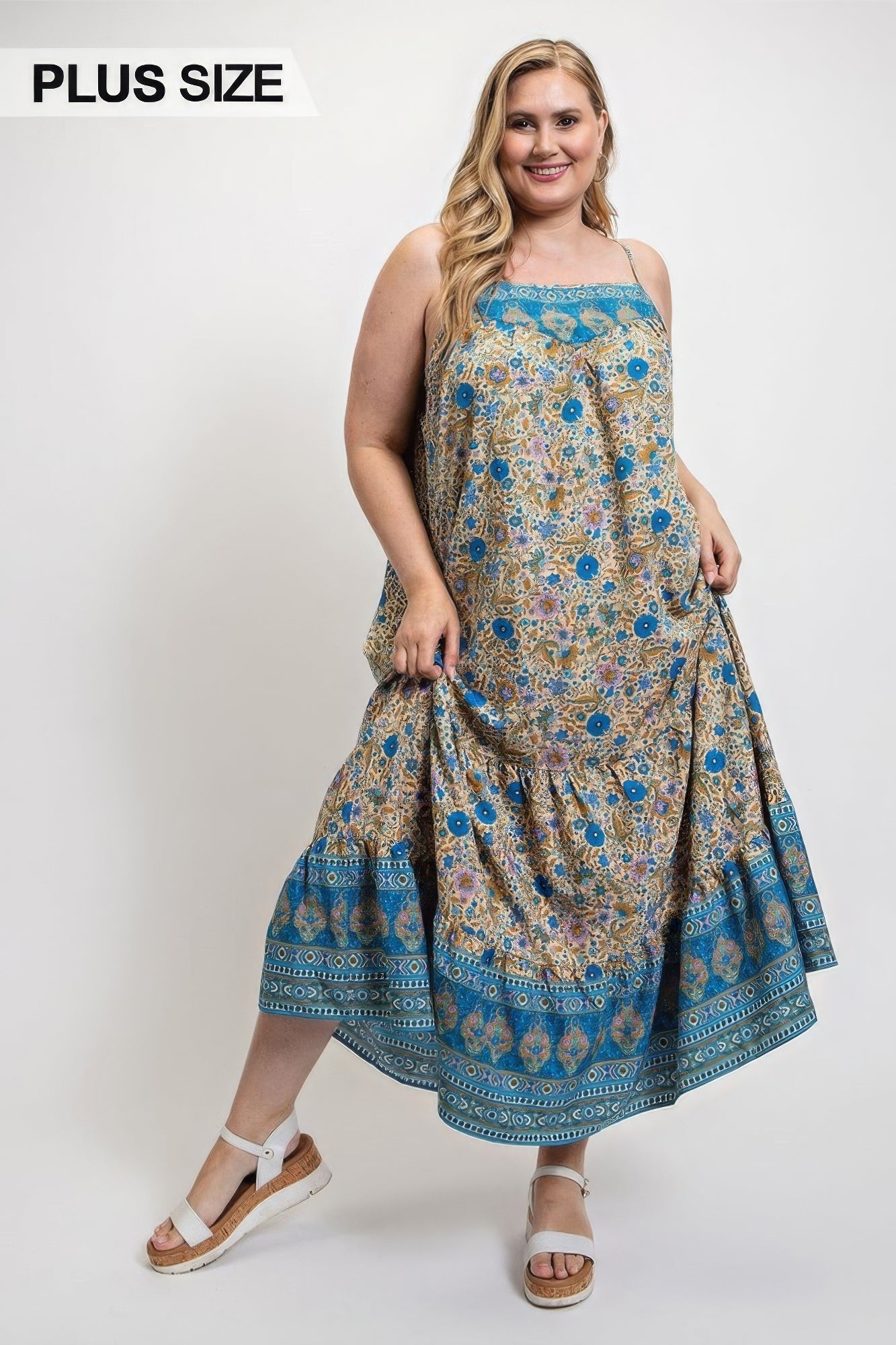 Floral And Aztec Print Drop Down Maxi Dress With Spaghetti Strap CCWHOLESALECLOTHING