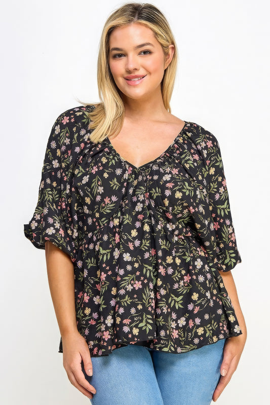 Floral V-neck Babydoll Balloon Slv Top CCWHOLESALECLOTHING