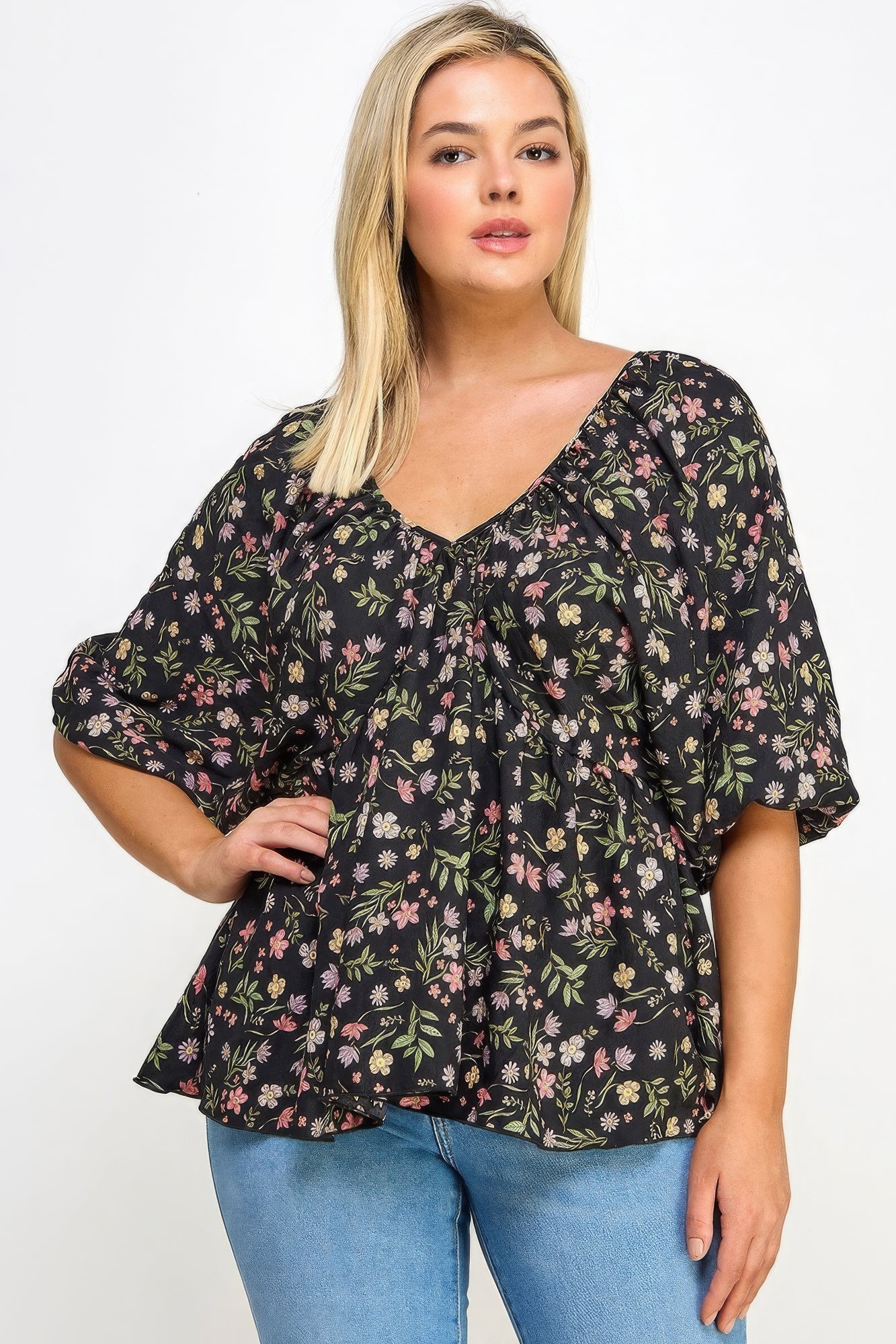 Floral V-neck Babydoll Balloon Slv Top CCWHOLESALECLOTHING