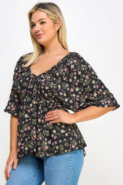 Floral V-neck Babydoll Balloon Slv Top CCWHOLESALECLOTHING