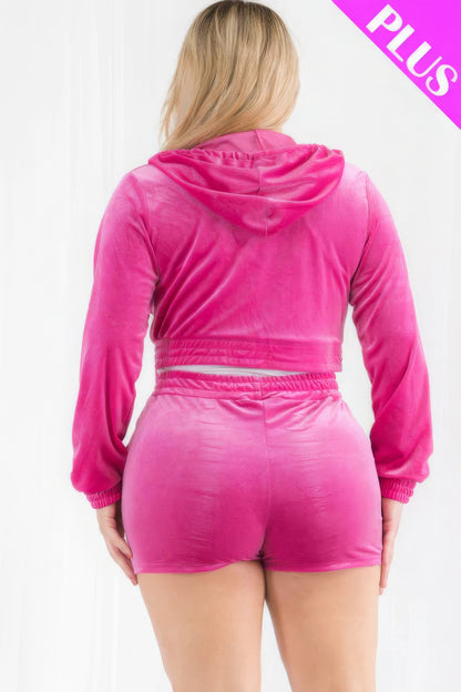 Plus Size Velour Crop Zip Up Hoodie And Shorts Set CCWHOLESALECLOTHING