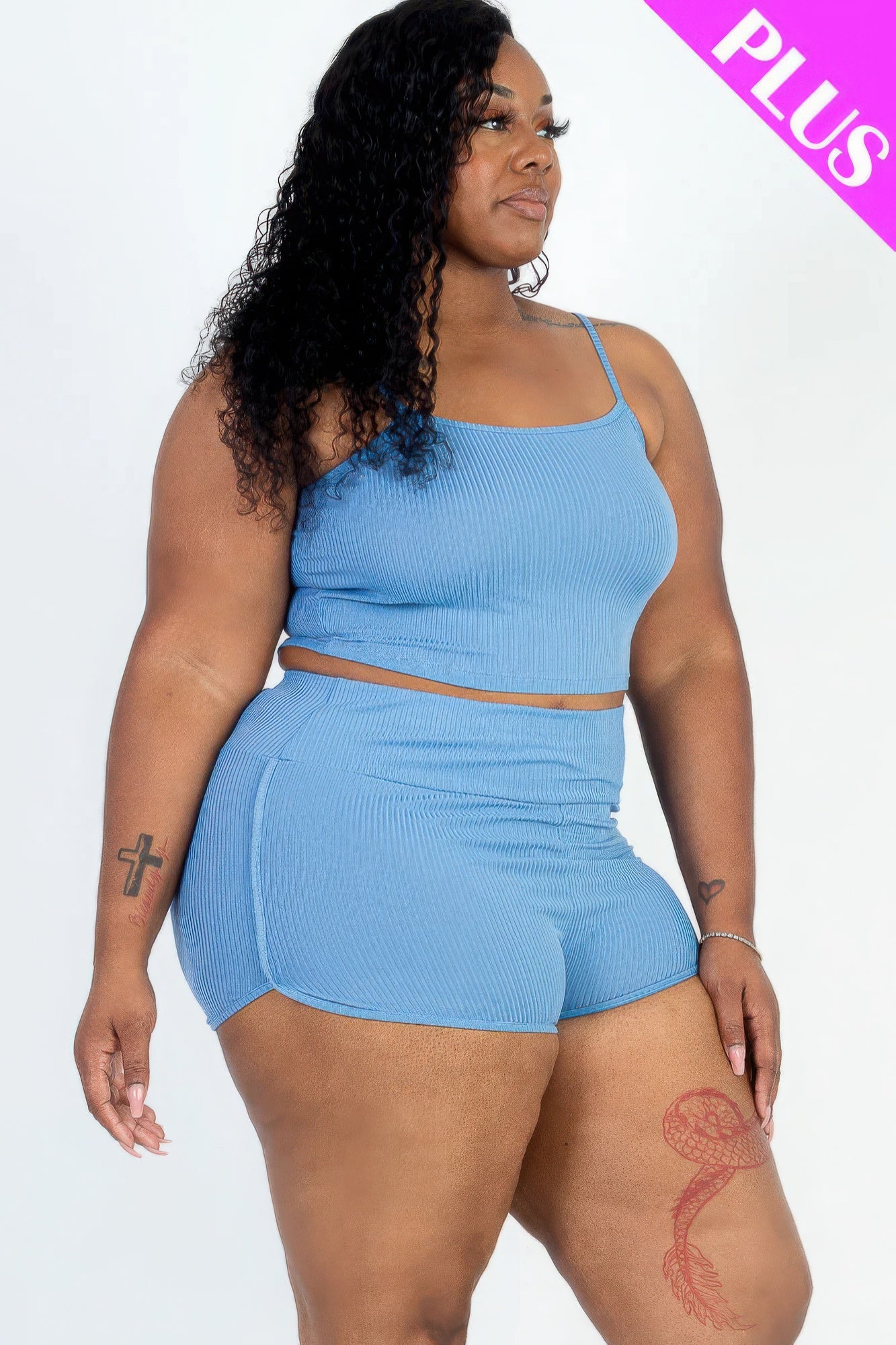 Plus Size Ribbed Cami Crop Top & Ruched Shorts Set CCWHOLESALECLOTHING