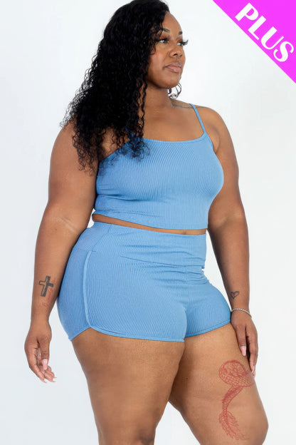 Plus Size Ribbed Cami Crop Top & Ruched Shorts Set CCWHOLESALECLOTHING