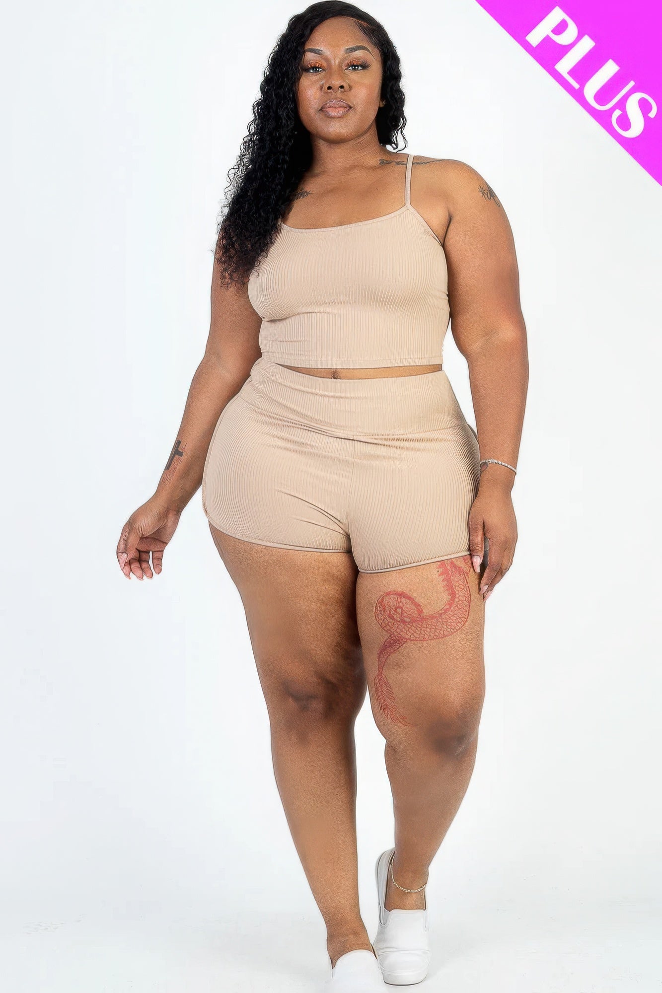 Plus Size Ribbed Cami Crop Top & Ruched Shorts Set Pretty Plus and More