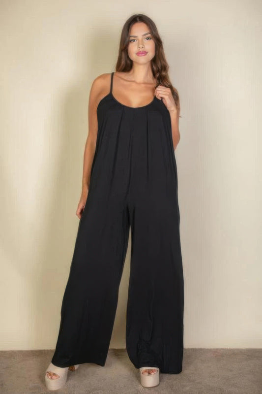 Plus spaghetti strap solid wide jumpsuit Pretty Plus and More