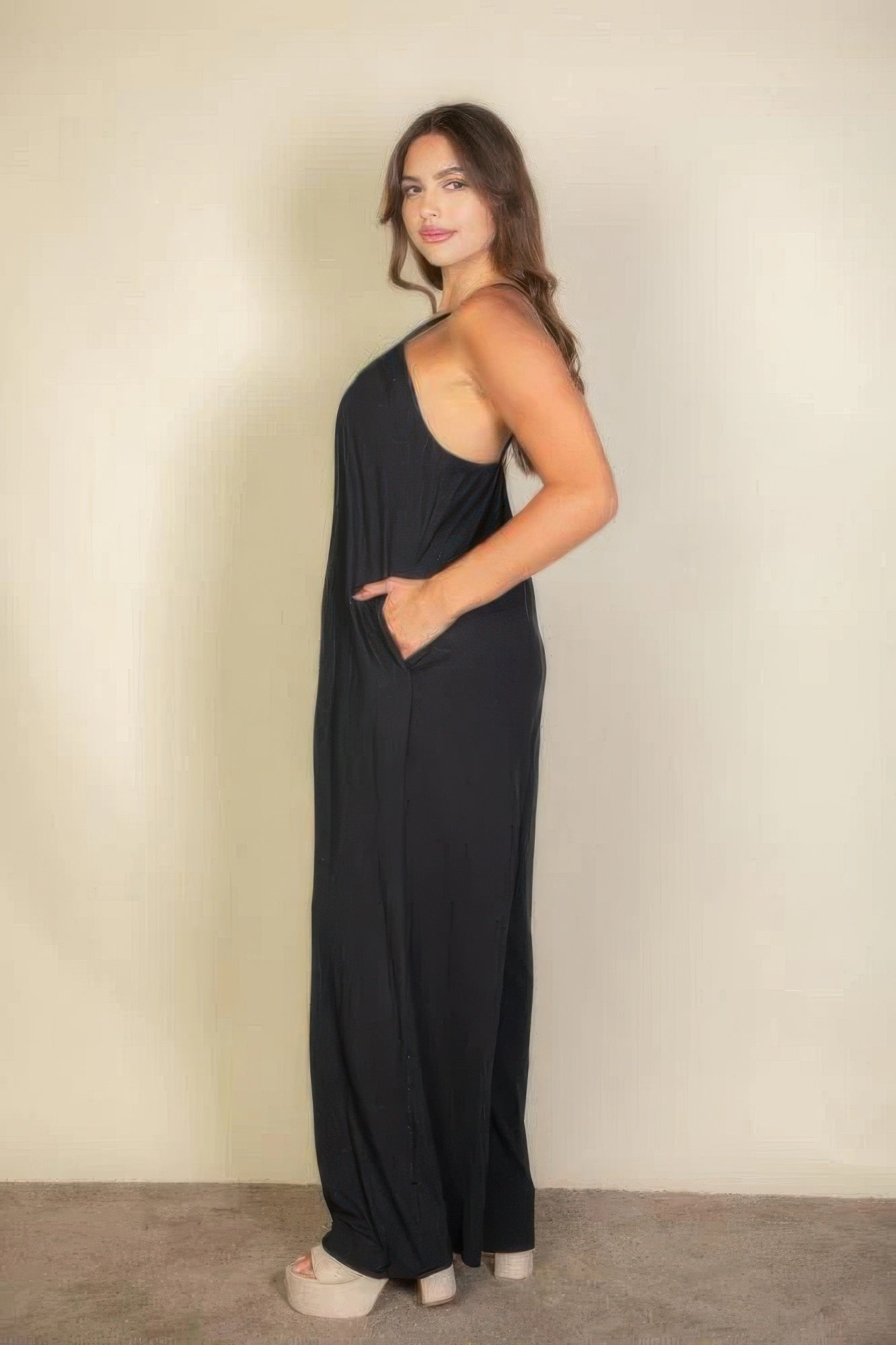 Plus spaghetti strap solid wide jumpsuit Pretty Plus and More