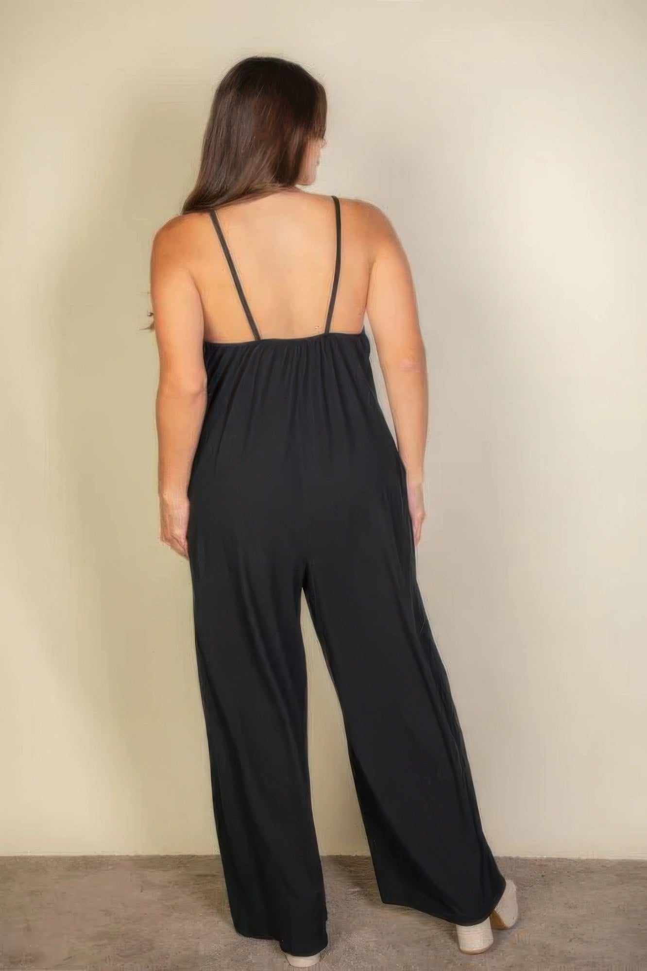 Plus spaghetti strap solid wide jumpsuit Pretty Plus and More