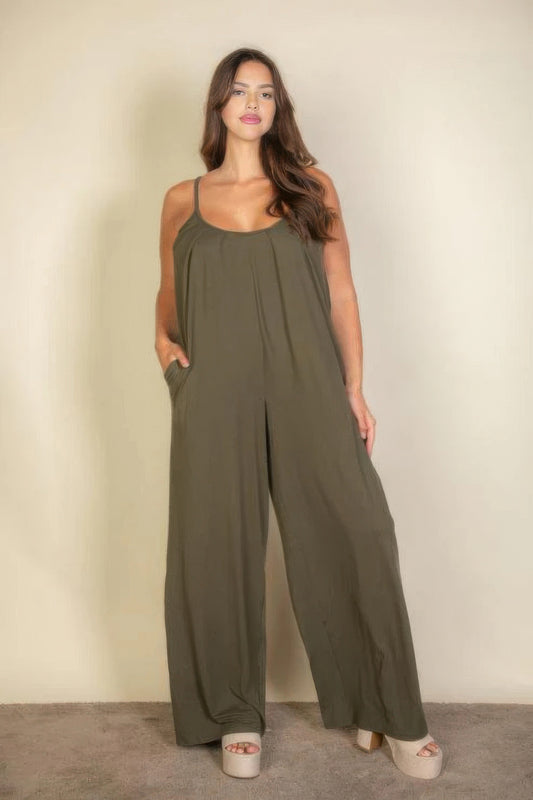 Plus spaghetti strap solid wide jumpsuit Pretty Plus and More