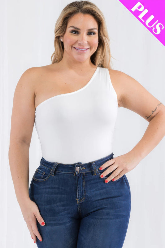 Plus size one shoulder solid casual bodysuit Pretty Plus and More