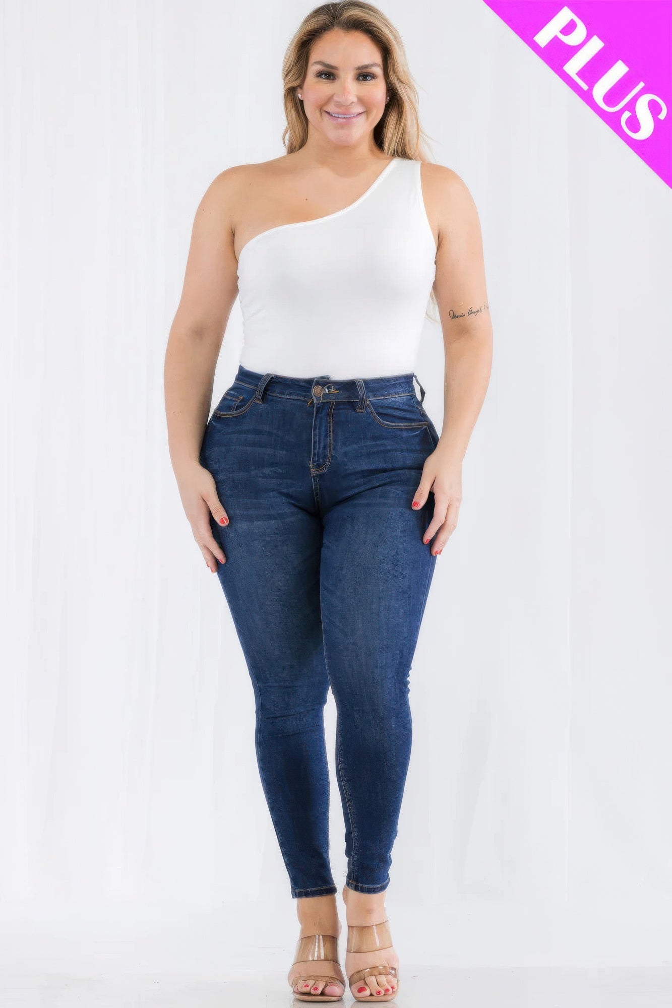 Plus size one shoulder solid casual bodysuit Pretty Plus and More