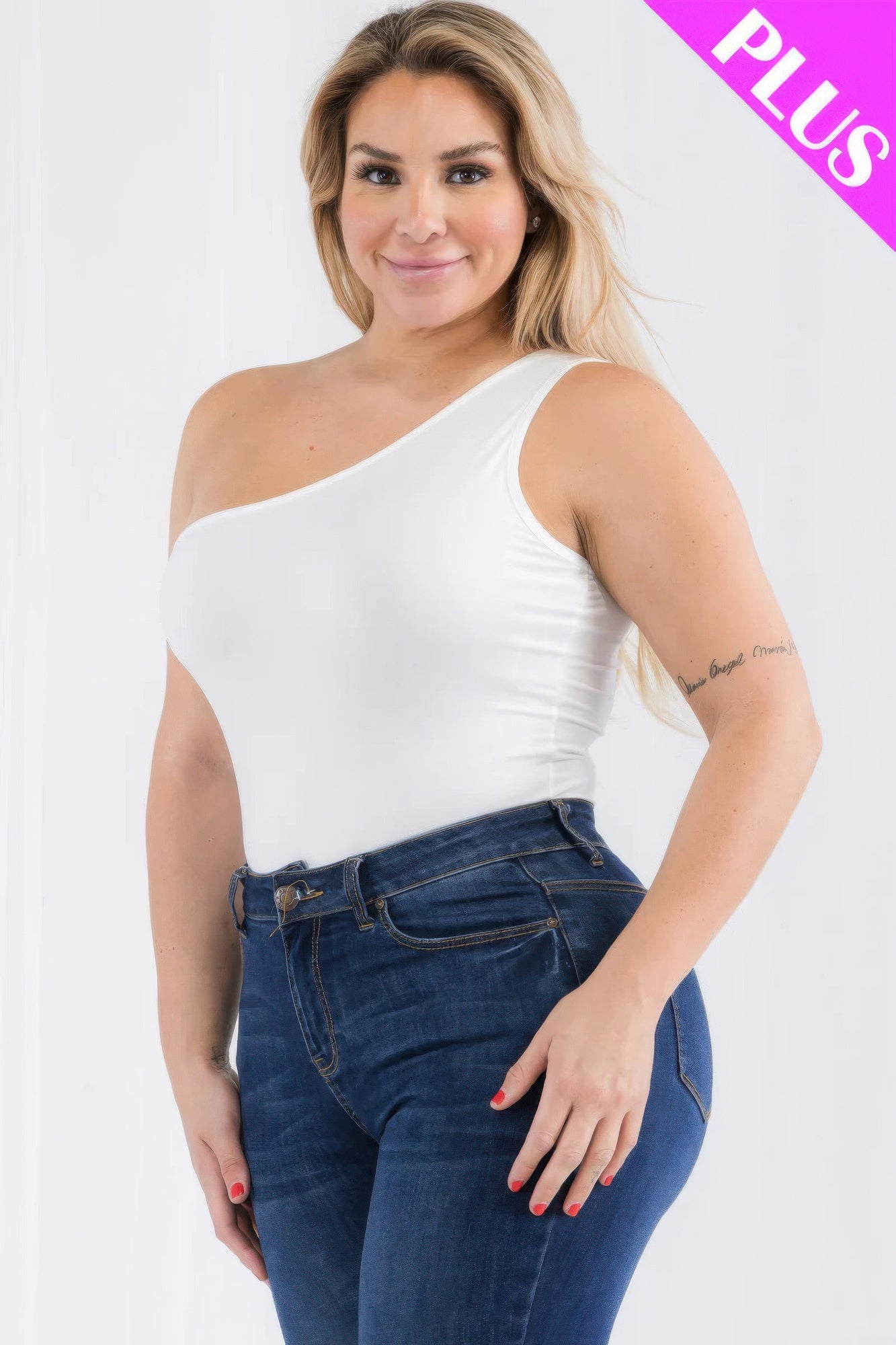 Plus size one shoulder solid casual bodysuit Pretty Plus and More