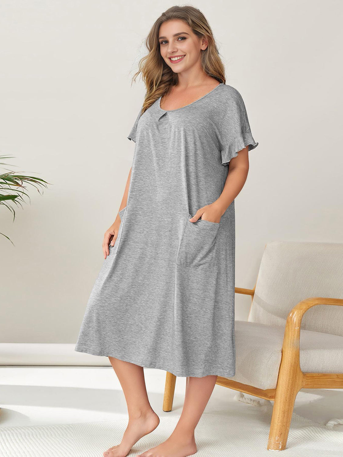 Plus Size Round Neck Short Sleeve Lounge Dress Trendsi