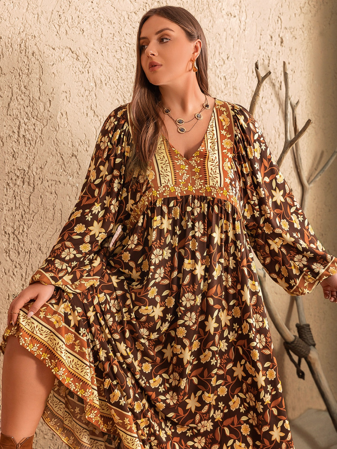 Plus Size Printed V-Neck Balloon Sleeve Dress Trendsi