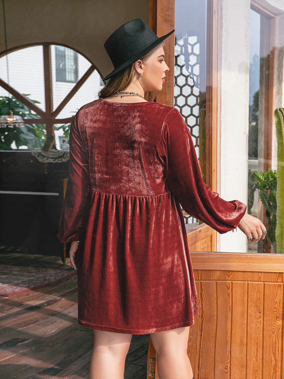 Plus Size Lace Detail V-Neck Long Sleeve Mini Dress Trendsi